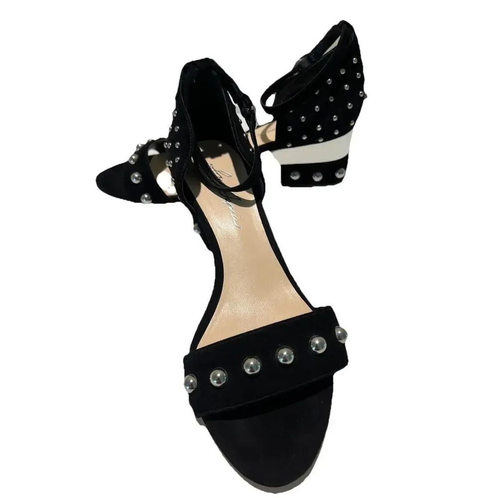 Isa Tapia Suede Black Studded Sandals Block Heels Eur Size 38.5